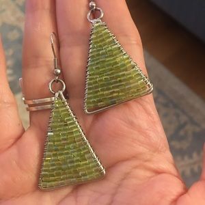 Triangular peridot green bead silver earrings